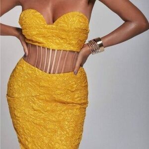 Jacquard Yellow Strapless Dress with Cutout Detail